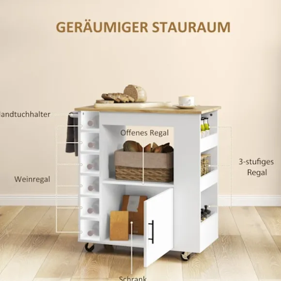 Rootz Kitchen Trolley - Rolling Island - Bærbar vogn - Vinstativer & opbevaring - Rubberwood Top - 83L X 40W X 83H CM