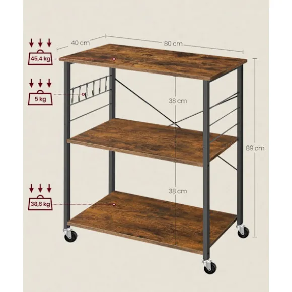 Rootz køkkenhylde 3 etagers vogn - Rullevogn - Vintage Brun - Sort - Spånplade - Stål - 40cm x 80cm x 89cm
