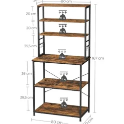 Rootz Køkkenskab - Køkkenstativ - 6 kroge - Metal - Industriel - Brun - Sort - 80 x 40 x 167 cm