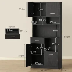 Rootz Køkkenskabsbuffet - Skænk - Opbevaringsskab - Soft-Close døre, organiserer rod, 80 x 35 x 180 cm, Sort