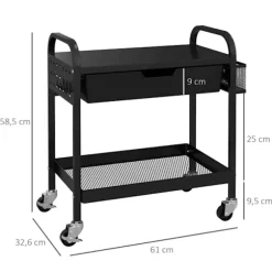 Rootz Køkkenvogn - 1 Skuffe - Sidekroge - 1 Hylde - 4 Hjul - Lille kurv - Multifunktionsvogn - Plast+stål - Sort - 61L x 32,6W x 58,5Hcm