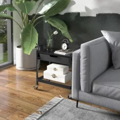 Rootz Køkkenvogn - 1 Skuffe - Sidekroge - 1 Hylde - 4 Hjul - Lille kurv - Multifunktionsvogn - Plast+stål - Sort - 61L x 32,6W x 58,5Hcm