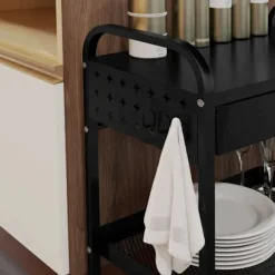 Rootz Køkkenvogn - 1 Skuffe - Sidekroge - 1 Hylde - 4 Hjul - Lille kurv - Multifunktionsvogn - Plast+stål - Sort - 61L x 32,6W x 58,5Hcm