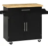 Rootz Køkkenvogn - Køkkenø - Serveringsvogn - 1 krydderihylde - 1 håndklædeholder - Gummitræ - Sort - 109L x 40W x 89H cm