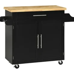 Rootz Køkkenvogn - Køkkenø - Serveringsvogn - 1 krydderihylde - 1 håndklædeholder - Gummitræ - Sort - 109L x 40W x 89H cm