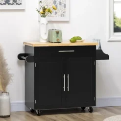 Rootz Køkkenvogn - Køkkenø - Serveringsvogn - 1 krydderihylde - 1 håndklædeholder - Gummitræ - Sort - 109L x 40W x 89H cm