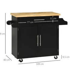 Rootz Køkkenvogn - Køkkenø - Serveringsvogn - 1 krydderihylde - 1 håndklædeholder - Gummitræ - Sort - 109L x 40W x 89H cm