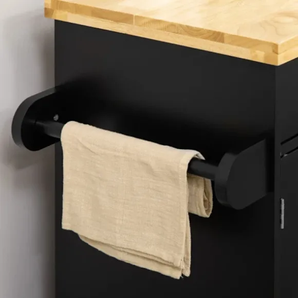 Rootz Køkkenvogn - Køkkenø - Serveringsvogn - 1 krydderihylde - 1 håndklædeholder - Gummitræ - Sort - 109L x 40W x 89H cm