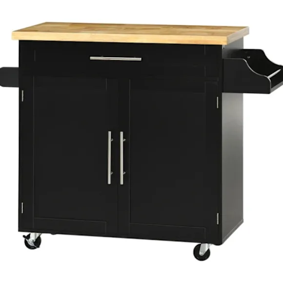 Rootz Køkkenvogn - Køkkenø - Serveringsvogn - 1 krydderihylde - 1 håndklædeholder - Gummitræ - Sort - 109L x 40W x 89H cm