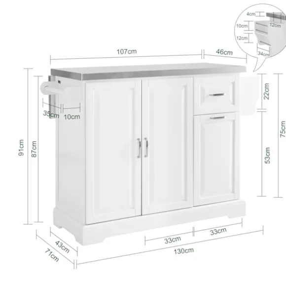 Rootz køkkenvogn - Mobil køkkenø - Rullende opbevaringsenhed - Holdbar og kan udvides - 130 cm x 91 cm x 46-71 cm