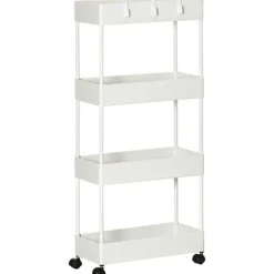 Rootz Køkkenvogn - Serveringsvogn - Køkkenvogn - Med 4 hylder - 3 fleksible kroge - 4 hjul - Hvid - 40cm x 19cm x 90cm
