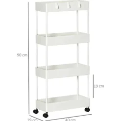 Rootz Køkkenvogn - Serveringsvogn - Køkkenvogn - Med 4 hylder - 3 fleksible kroge - 4 hjul - Hvid - 40cm x 19cm x 90cm