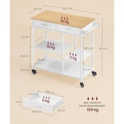 Rootz Køkkenvogn med hjul - Mobil vogn - Opbevaringsenhed - Rigelig opbevaringsplads - 45 cm x 98,7 cm x 90 cm - Brun-Hvid