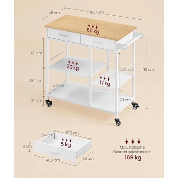 Rootz Køkkenvogn med hjul - Mobil vogn - Opbevaringsenhed - Rigelig opbevaringsplads - 45 cm x 98,7 cm x 90 cm - Brun-Hvid