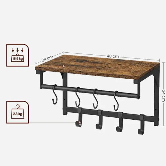 Rootz knagerække - knageholder - knagerække med 8 kroge - vægmonteret knagerække - spånplade/stål - vintage brun-sort - 40 x 24 x 24 cm