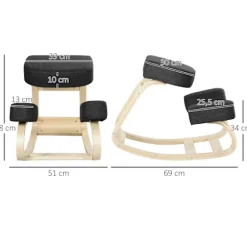 Rootz Knæstol - Ergonomiske sædeskamler - Polstrede skamler - Sunde siddepladser - Birketræ - 120 kg Kapacitet - Sort - 51 cm x 69 cm x 58 cm