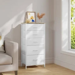 Rootz -kommode - Kommode - Opbevaringsskab - Rumbesparende - 45,5 x 95,5 x 30 cm - Hvid & brun metalramme - 5 stofskuffer