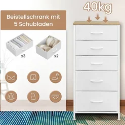 Rootz -kommode - Kommode - Opbevaringsskab - Rumbesparende - 45,5 x 95,5 x 30 cm - Hvid & brun metalramme - 5 stofskuffer