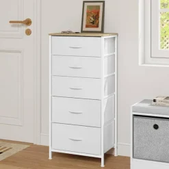 Rootz -kommode - Kommode - Opbevaringsskab - Rumbesparende - 45,5 x 95,5 x 30 cm - Hvid & brun metalramme - 5 stofskuffer