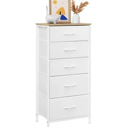 Rootz -kommode - Kommode - Opbevaringsskab - Rumbesparende - 45,5 x 95,5 x 30 cm - Hvid & brun metalramme - 5 stofskuffer