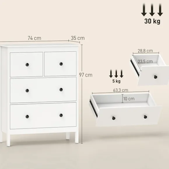 Rootz kommode med 4 skuffer - Kommode - Opbevaringsskab - Moderne og ridsefast - 35t x 97h cm - Hvid spånplade