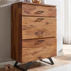 Rootz kommode 80x120x41,5 cm massivt sheesham træ - metal hall kommode - Skænk Highboard med trækant - Kommode skab træ moderne - Stående skab skænk k | Fyndiq
