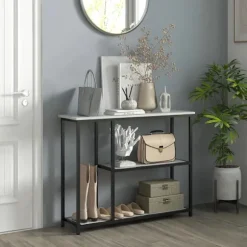 Rootz konsolbord - Industrielt design - Elegant imiteret marmor - 2 hylder - Marmoreffekt - Robust stålstel - Sort + Hvid - 100L x 30W x 80H cm