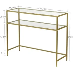 Rootz Konsolbord - Sidebord - 2 niveauer - Hærdet glas - Metalstel - Justerbare ben - Guld - 100 x 35 x 80 cm