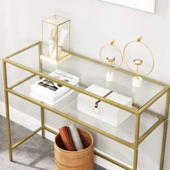 Rootz Konsolbord - Sidebord - 2 niveauer - Hærdet glas - Metalstel - Justerbare ben - Guld - 100 x 35 x 80 cm
