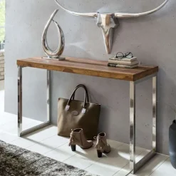 Rootz konsolbord massivt træ sheesham konsol med metalben skrivebord 120x45 cm landlig skænk moderne massiv ægte træ naturlig skænk PC bord sekretær b | Fyndiq