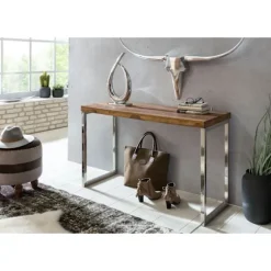 Rootz konsolbord massivt træ sheesham konsol med metalben skrivebord 120x45 cm landlig skænk moderne massiv ægte træ naturlig skænk PC bord sekretær b | Fyndiq