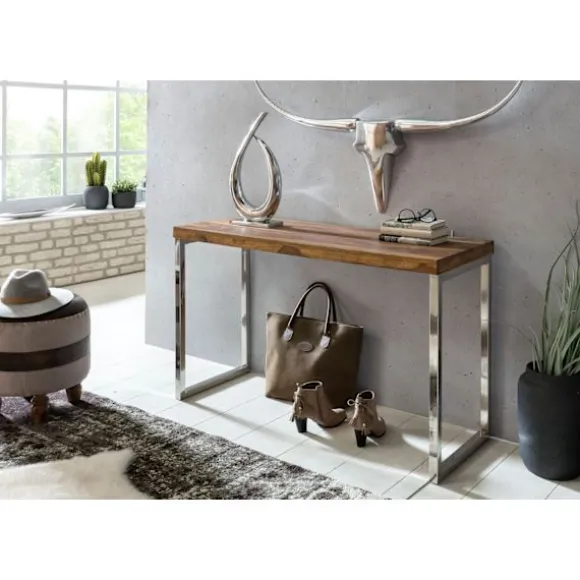 Rootz konsolbord massivt træ sheesham konsol med metalben skrivebord 120x45 cm landlig skænk moderne massiv ægte træ naturlig skænk PC bord sekretær b | Fyndiq