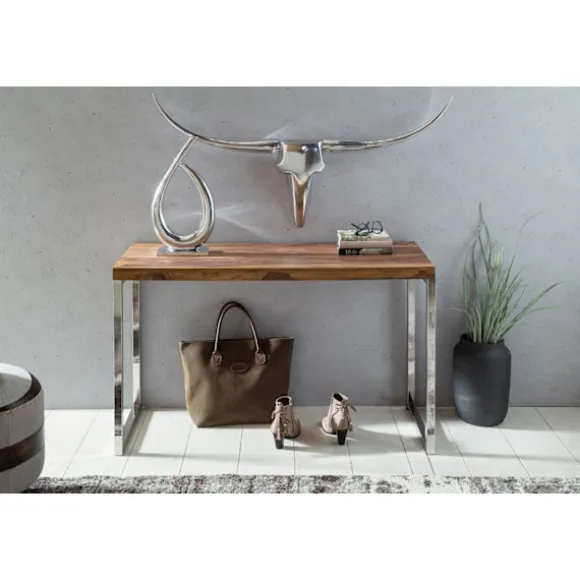 Rootz konsolbord massivt træ sheesham konsol med metalben skrivebord 120x45 cm landlig skænk moderne massiv ægte træ naturlig skænk PC bord sekretær b | Fyndiq