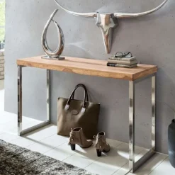 Rootz konsolbord massivt træ akaciekonsol med metalben skrivebord 120 x 45 cm skænk i landlig stil
