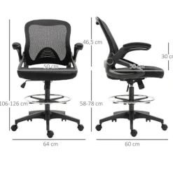 Rootz kontorlænestol - Skrivebordsstol - Ståfunktion med fodstøtte - Drejeligt sæde - Stål - Sort - 64 x 60 x 106-126 cm