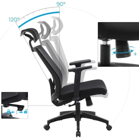 Rootz Kontorstol - Kontorstol - Ergonomisk - 360° drejestol - Lændestøtte - Nakkestøtte - Justerbar - Tiltbar - Sort