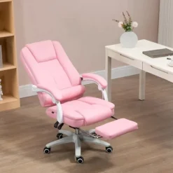 Rootz kontorstol med fodstøtte - Justerbart ryglæn - Højdejusterbart - 5 hjul - Kunstlæder - Pink + Hvid - 65cm x 68cm x 116cm