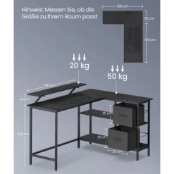 Rootz L Shape skrivebord - Spillebord - Studiebord - Spånplade og stål - Rummeligt - 105 cm x 135 cm x 89,5 cm