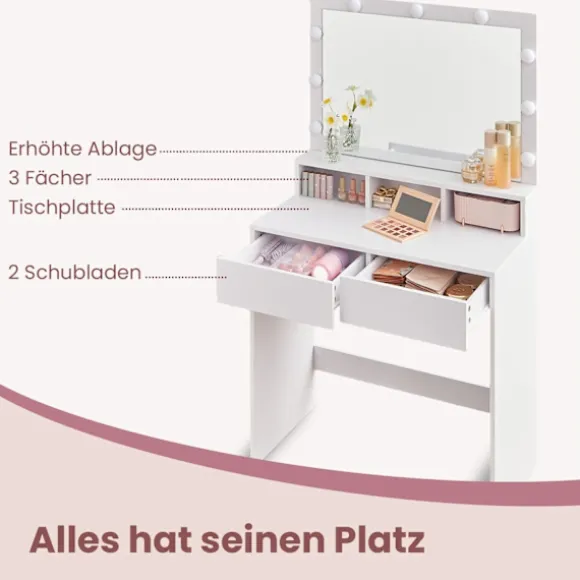Rootz LED forfængelighedsbord - Friktionsbord - Makeup -bord - Spejl inkluderet - Hvid spånplade - 80 cm x 40 cm x 140 cm