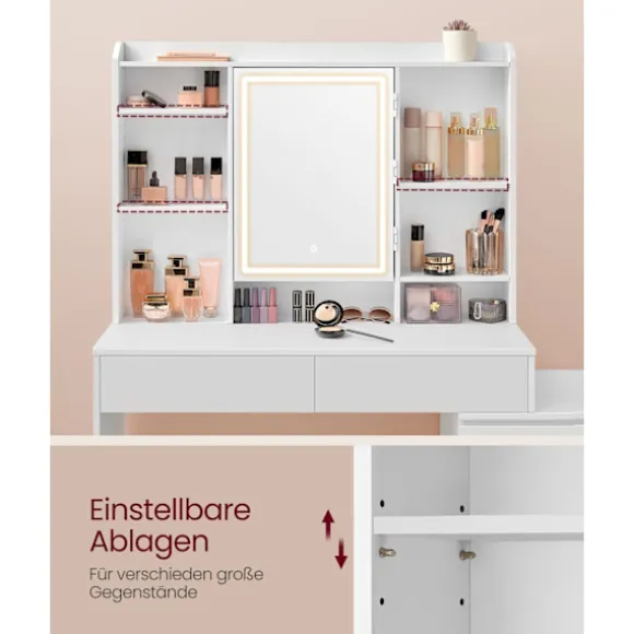 Rootz LED sminkebord - Moderne vaskebord - Oplyst makeup skrivebord - Spånplade - 40 cm x 117 cm x 145 cm - Cloud White