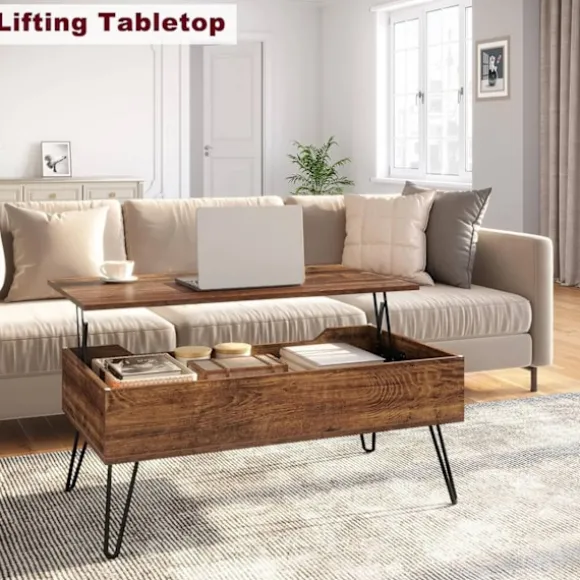 Rootz Lift Top Sofabord - Vintage stuebord - Højdejusterbart - Skjult opbevaring - Robust struktur - 95cm x 55,5cm x 71,5cm