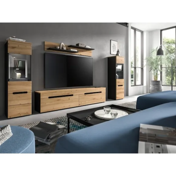 Rootz Living Room Combination Set - Display Cabinets - Lowboard Shelf - Integrated Lighting - Artisan Replica - 272x141x33 cm