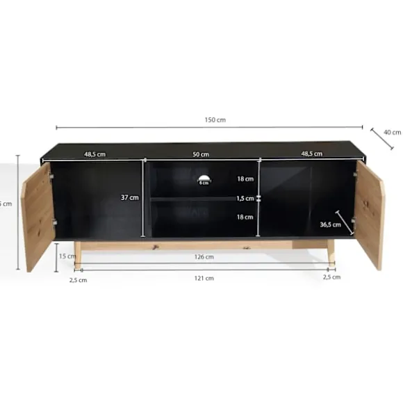 Rootz Lowboard TV-skab - TV-kommode - Underholdningsenhed - Moderne sort eg-design - Rummelig opbevaring - Kabelstyring - Gulvbeskyttelse - 150 cm x 4 | Fyndiq
