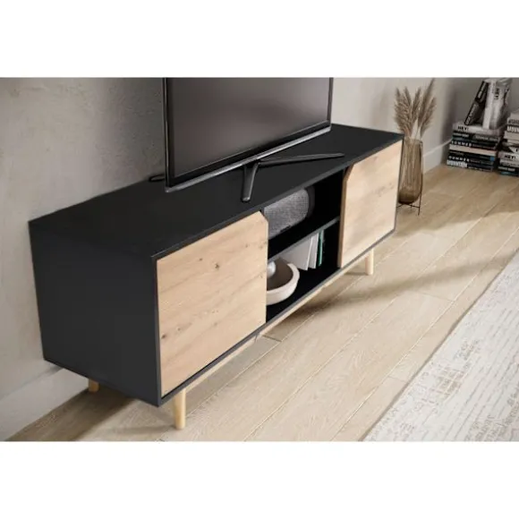 Rootz Lowboard TV-skab - TV-kommode - Underholdningsenhed - Moderne sort eg-design - Rummelig opbevaring - Kabelstyring - Gulvbeskyttelse - 150 cm x 4 | Fyndiq