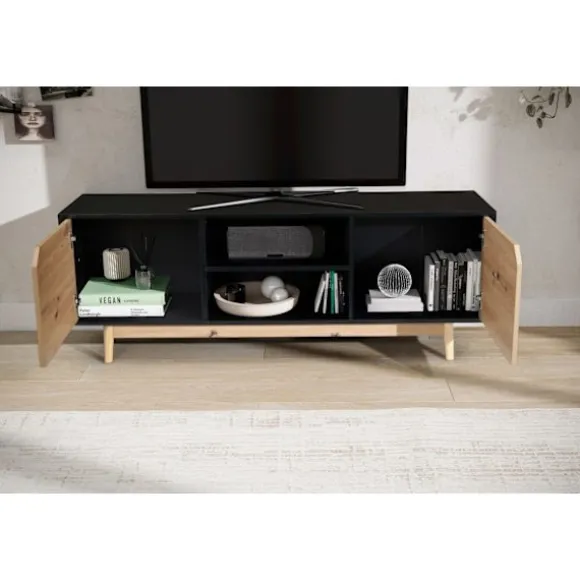 Rootz Lowboard TV-skab - TV-kommode - Underholdningsenhed - Moderne sort eg-design - Rummelig opbevaring - Kabelstyring - Gulvbeskyttelse - 150 cm x 4 | Fyndiq