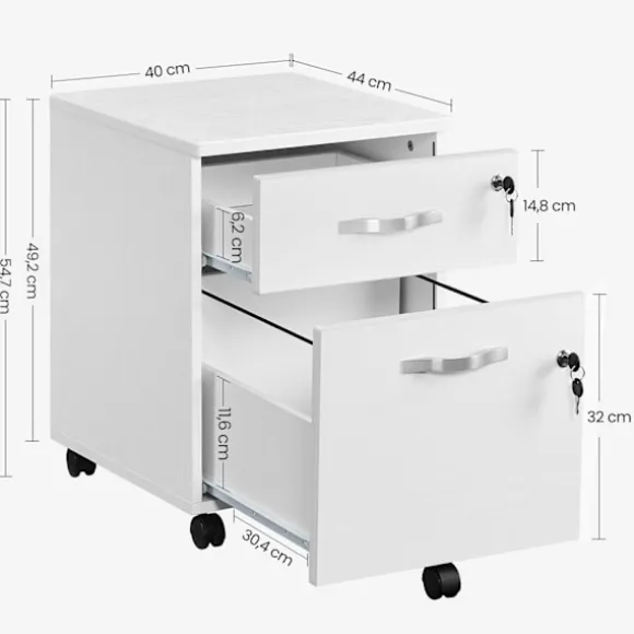 Rootz Låsbar Rullebeholder - Hvidt arkivskab - Opbevaringsskab - Sengebord - Sidebord - 5 hjul - E1 MDF - PVC - 44cm x 40cm x 54,5cm