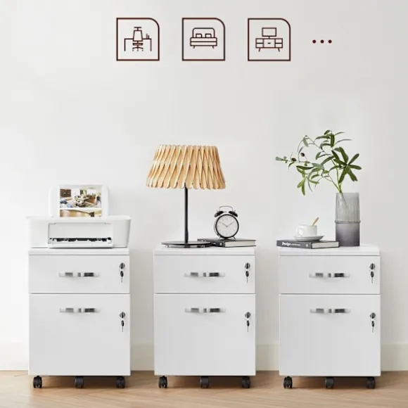 Rootz Låsbar Rullebeholder - Hvidt arkivskab - Opbevaringsskab - Sengebord - Sidebord - 5 hjul - E1 MDF - PVC - 44cm x 40cm x 54,5cm