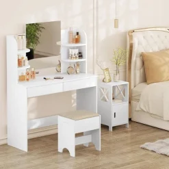 ROOTZ MAKE -UP AFTOOL - Vanity Seat - Foot Affool - Comfortable 150 kg kapacitet - Elegant brun hvid - 40 cm x 45 cm x 30 cm
