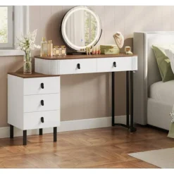 Rootz Makeup Vanity Table Set - Dressing Table - Beauty Desk - Rigelig opbevaring - 100 cm x 126 cm x 40 cm - Hvidbrunt træudseende