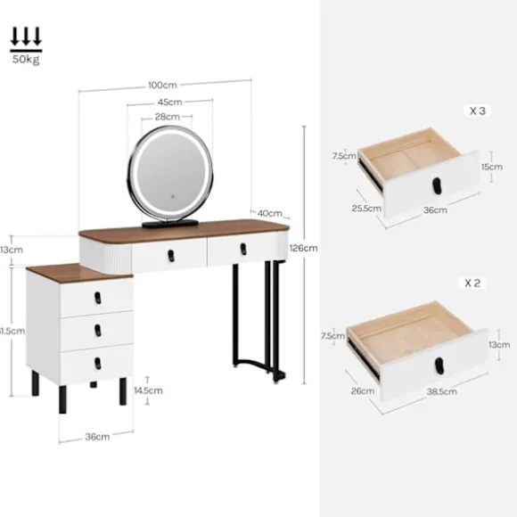 Rootz Makeup Vanity Table Set - Dressing Table - Beauty Desk - Rigelig opbevaring - 100 cm x 126 cm x 40 cm - Hvidbrunt træudseende